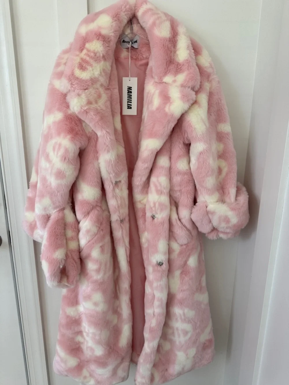 NWT Namilia PINK DICK DOLLAR FAUX FUR COAT Size S